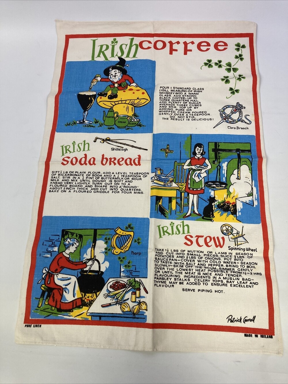 VTG 100% Linen Irish Tea Towel - Coffee Recipes & Elf Soda Bread Design